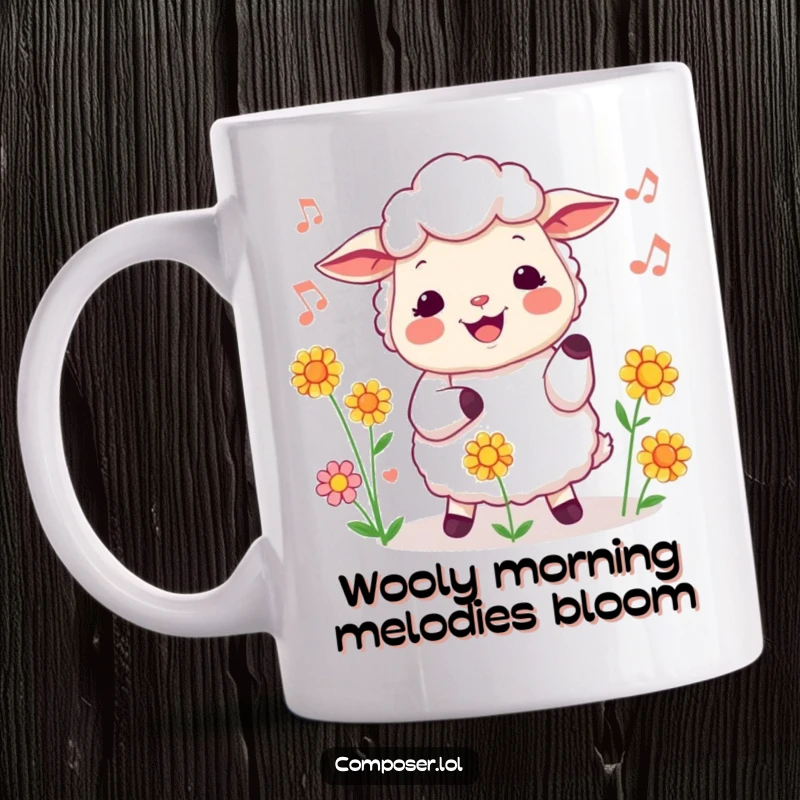 Funny sheep mug with a cheerful expression, conducting a chorus of flowers while humming a tune, whimsical garden art.