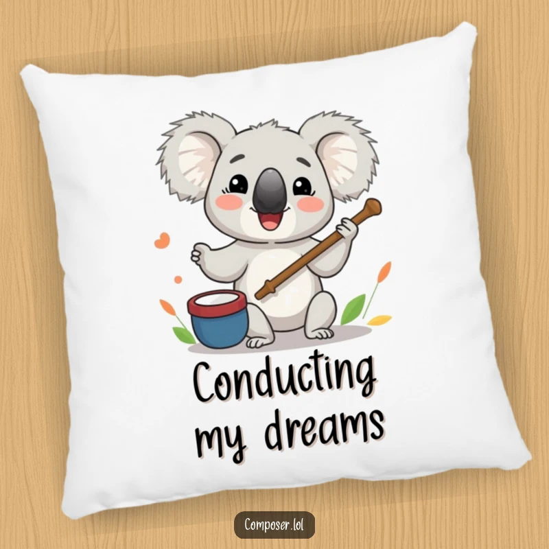 Funny Koala Pillow: A koala character enthusiastically leads an orchestra with a twig baton, adding musical charm.
