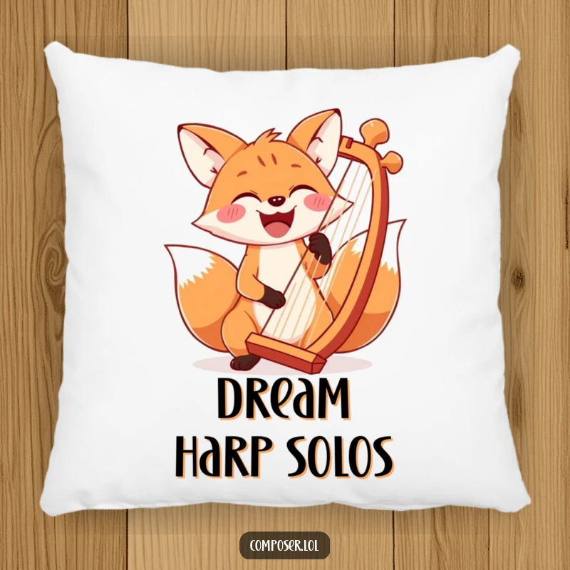 Funny, smiling fox hugging an oversized harp, striking a grand chord, soft and cozy pillow.