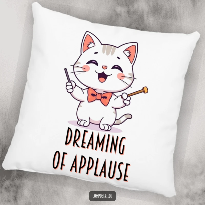Funny pillow featuring a happy cat wearing a tiny bow tie, enthusiastically conducting with a baton, perfect for cozy decor.