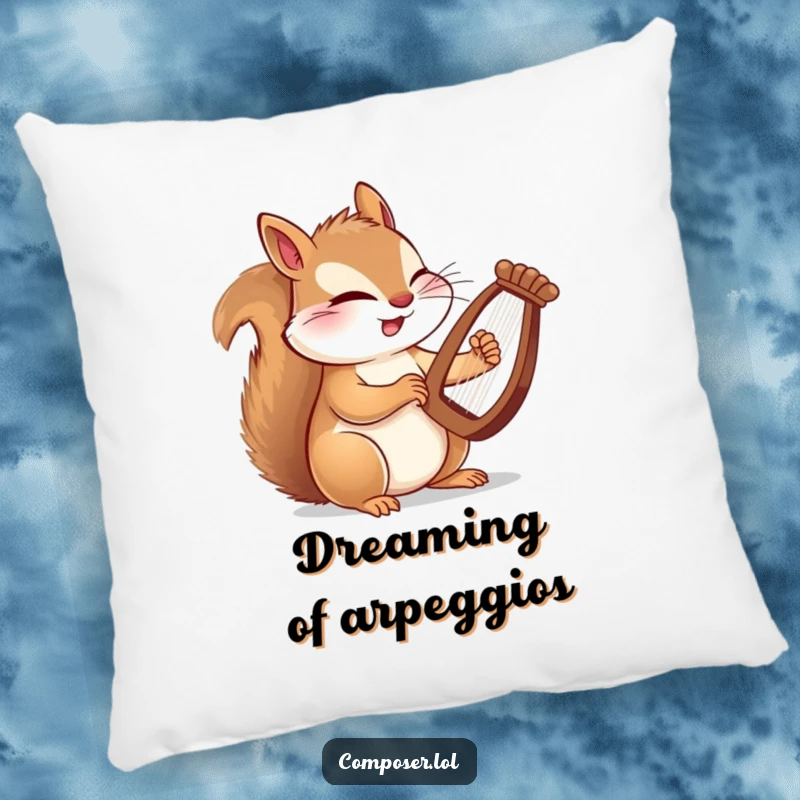 Funny pillow featuring a winking squirrel composer playing a miniature harp with quick paws, perfect for music-themed comfort.