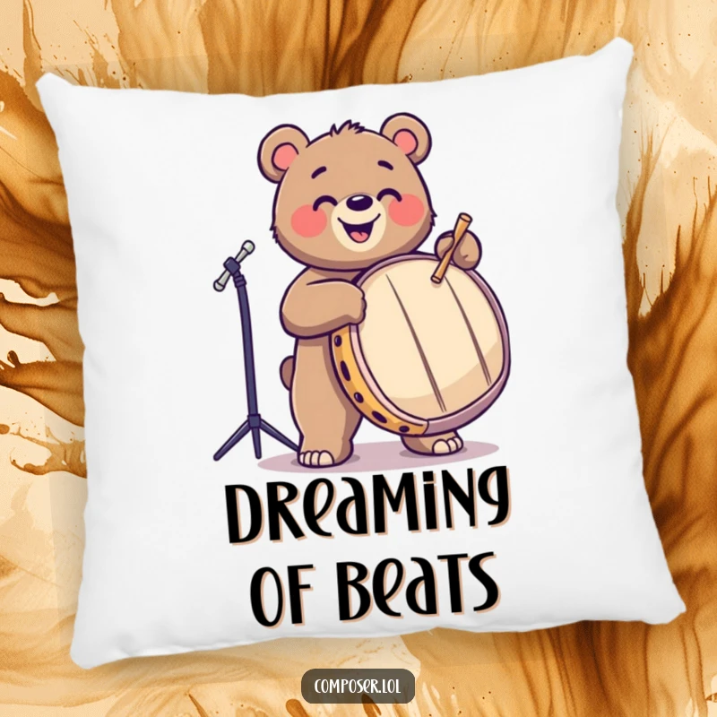 Funny, playful bear drumming joyfully on a large drum, depicted on a soft and comfortable pillow. Great for decor.