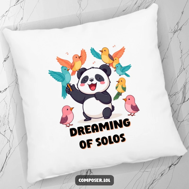 Funny Panda Pillow: A joyful panda conducts a symphony of colorful birds, offering soft comfort and a musical touch.