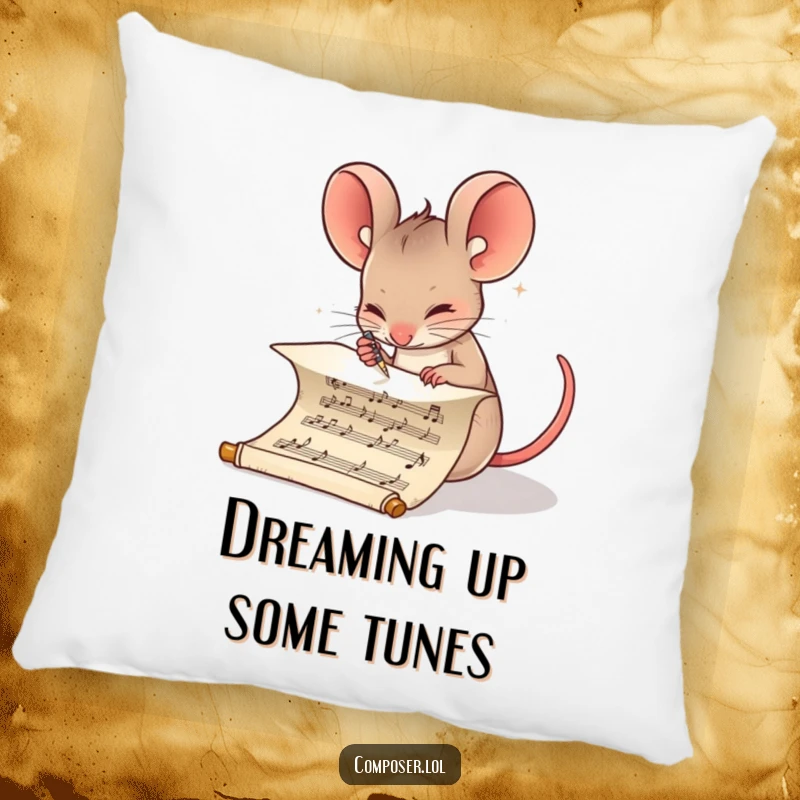 Funny Composer Mouse Pillow: Determined mouse writing musical notes on a scroll, comfortable and humorous decor