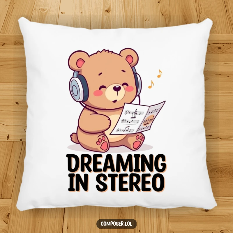 Funny pillow featuring a studious bear wearing headphones and humming to music, providing comfort.