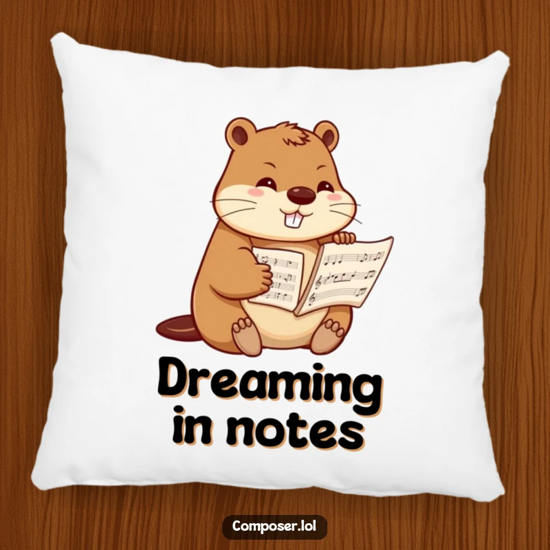 Funny beaver composer pillow, a determined beaver meticulously arranging sheet music, offering comfort and musical humor.