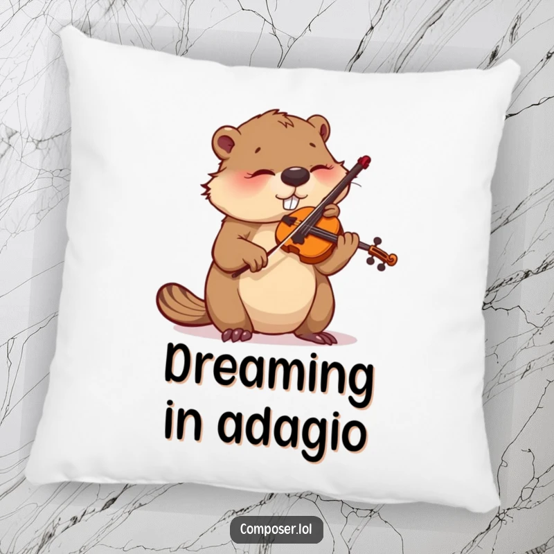 Funny pillow with a busy beaver intently tuning a violin, offering comfort and artistic appeal.