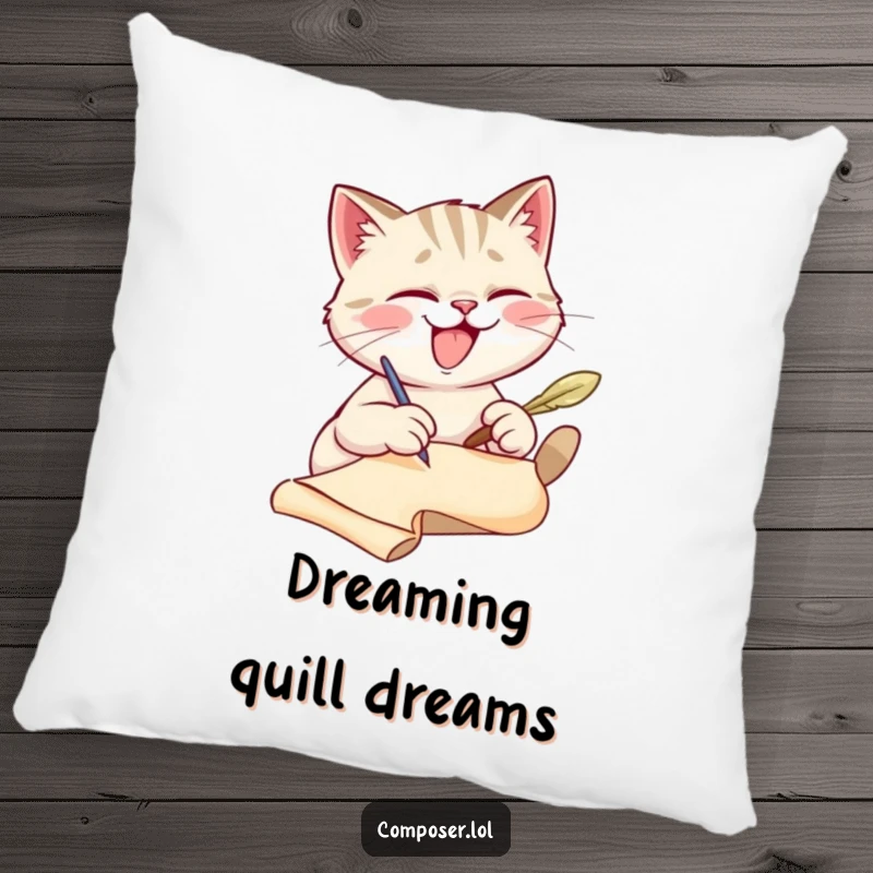 Funny cat scribe pillow, soft and comfortable, featuring a cat artist at work. A cozy, funny gift.
