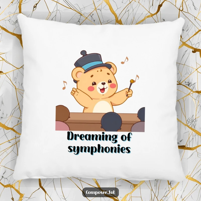 Funny Pillow showing a happy cartoon bear cub wearing a smart hat and conducting an invisible orchestra, for comfort.