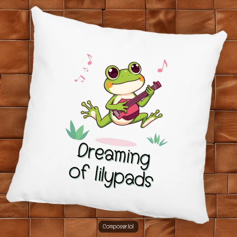 Funny pillow featuring a joyful frog composer leaping with excitement while composing a tune, bringing musical cheer.