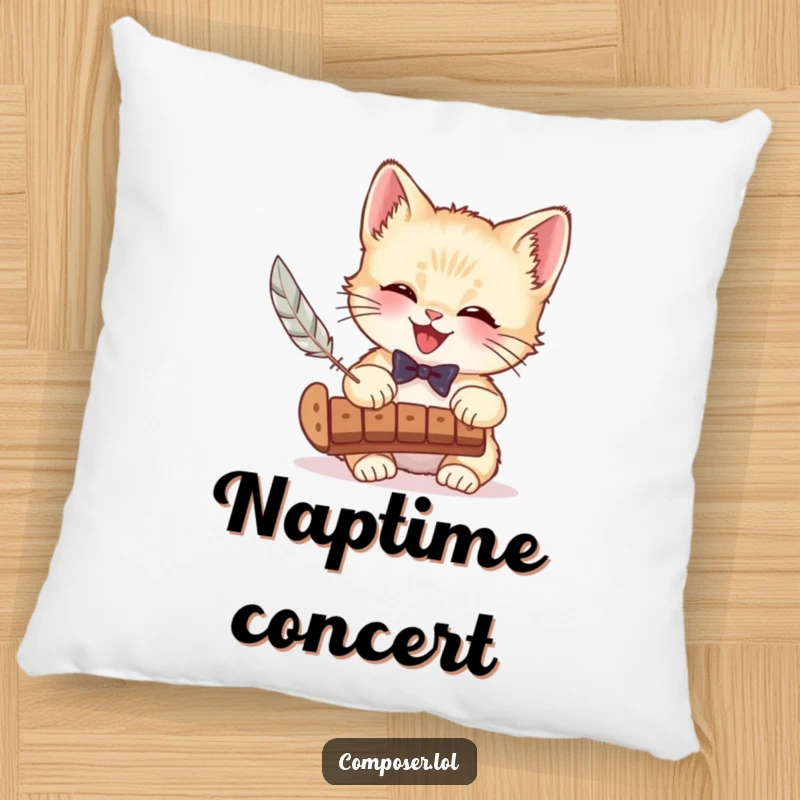 Funny pillow featuring a giggling kitten in a bow tie playing a xylophone with a feather, offering comfort and a musical, feline vibe.