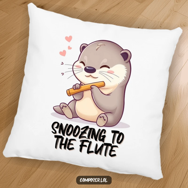 Funny pillow with a sweet otter playing a miniature flute, providing comfort and charm.