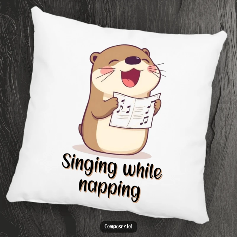 Funny otter singer pillow, a happy otter singing loudly with sheet music in its beak, offering comfort and musical cheer.