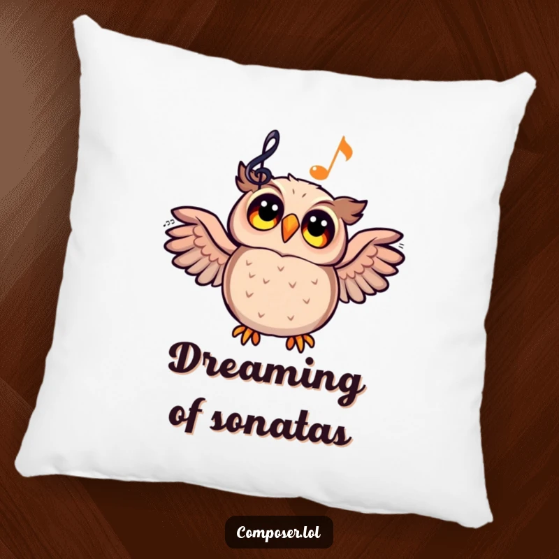 Funny cartoon owl with wide, inspired eyes gazing at a glowing musical staff on a soft pillow.