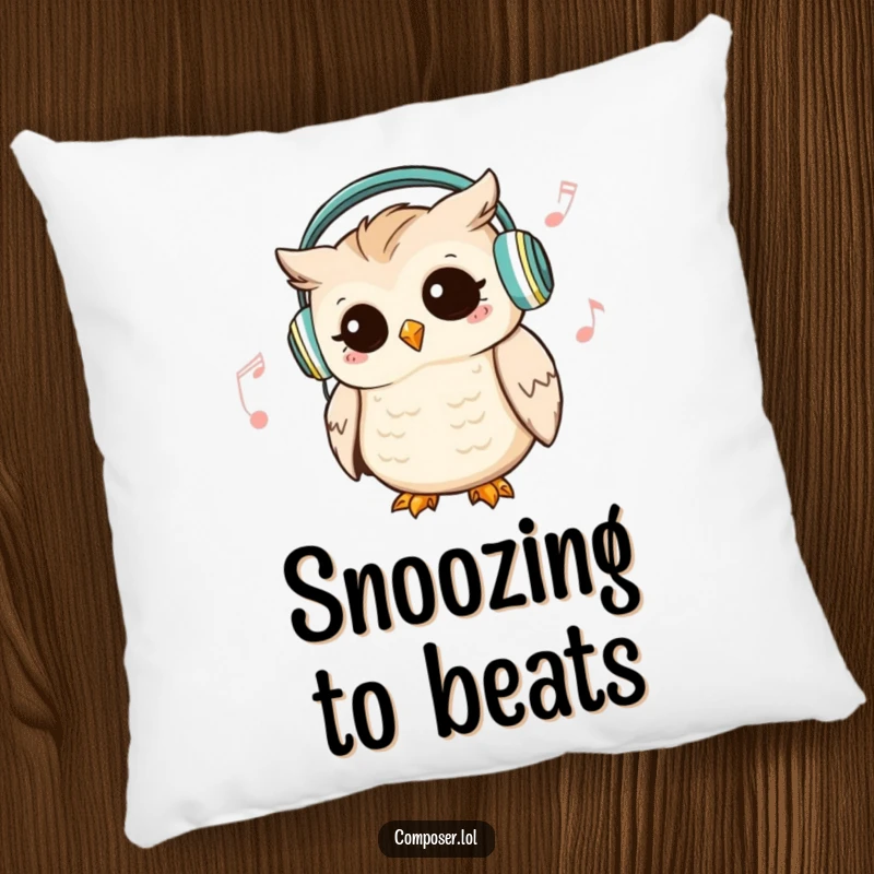 Funny Owl DJ Pillow: a cute owl listens to music with headphones, nodding its head rhythmically, great for comfort.
