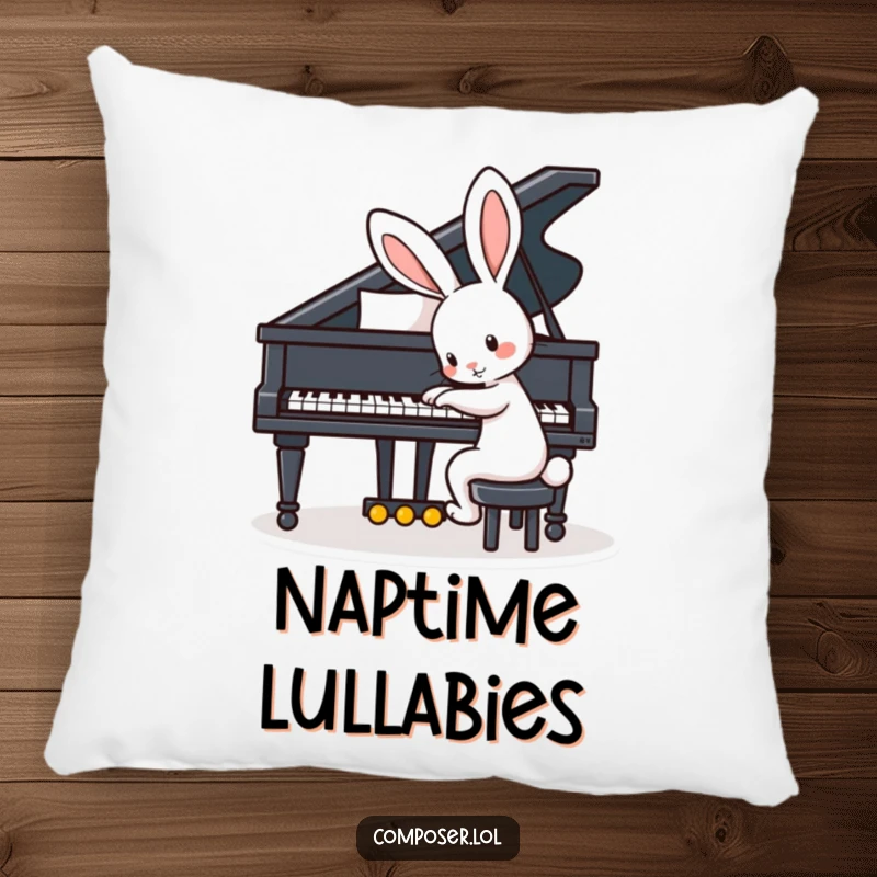 Funny pillow featuring a playful rabbit with big ears tapping the keys of a grand piano, perfect for cozy decor.