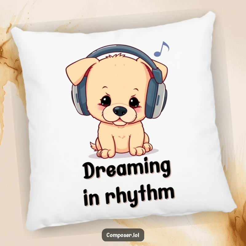 Funny pillow featuring a curious puppy wearing oversized headphones, bopping its head to unheard melodies, offering comfort and cool musical vibes.