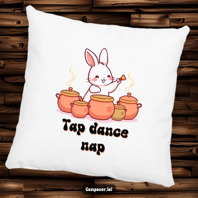 Funny Rabbit Drummer Pillow, depicting a content rabbit focusing on playing a rhythmic beat on various pots.