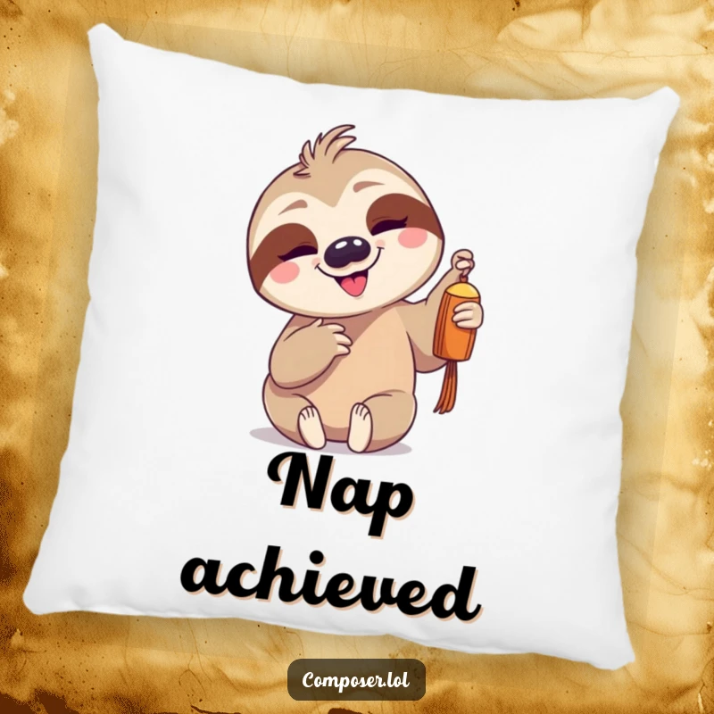 Funny, goofy sloth gently tapping a single chime with a slow, pleased grin, designed on a plush pillow.