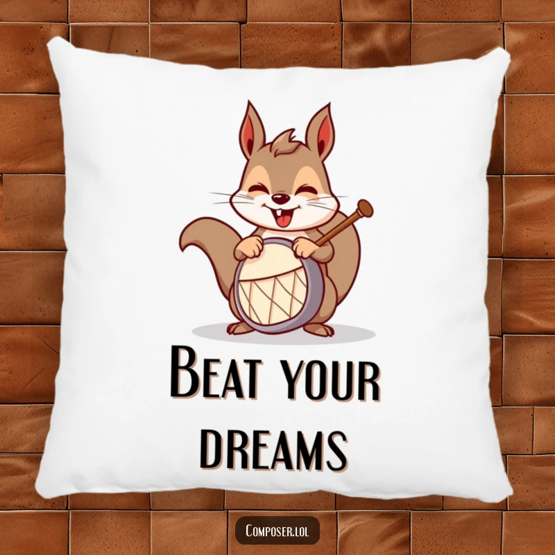 Funny squirrel drummer pillow, a mischievous squirrel energetically drumming, adding a humorous and musical touch to home decor.