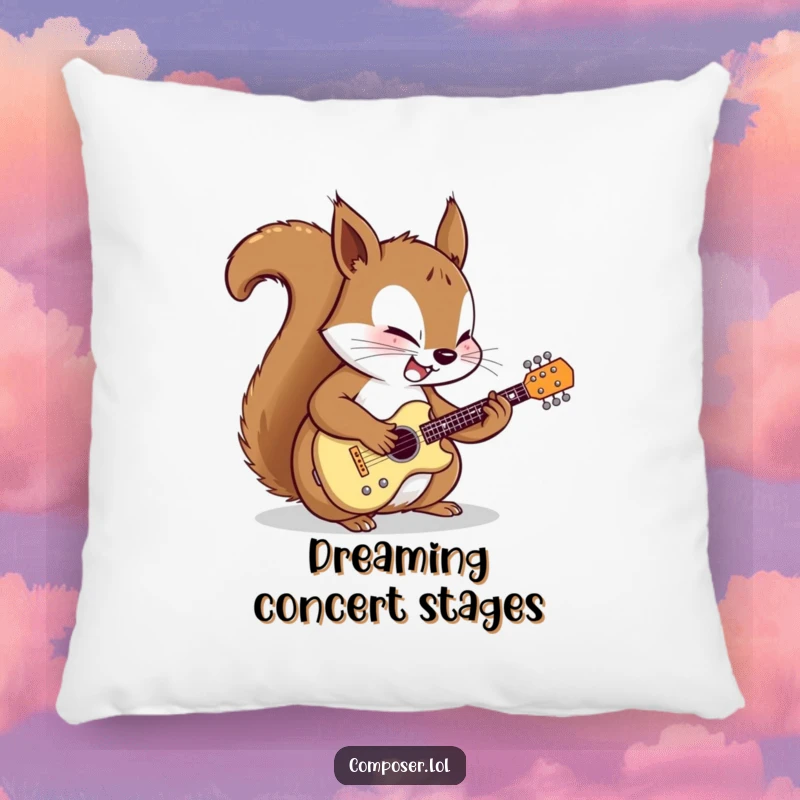 Funny pillow featuring a determined cartoon squirrel meticulously tuning a miniature guitar with focused joy, offering comfort and musical inspiration.