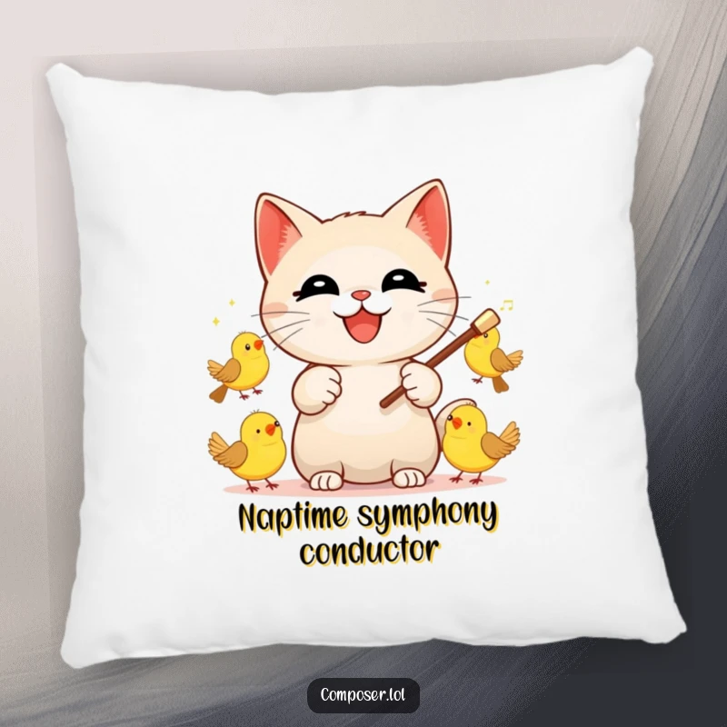 Funny Cat Conductor Pillow, depicting a contented cat masterfully leading a delightful orchestra of various chirping birds.
