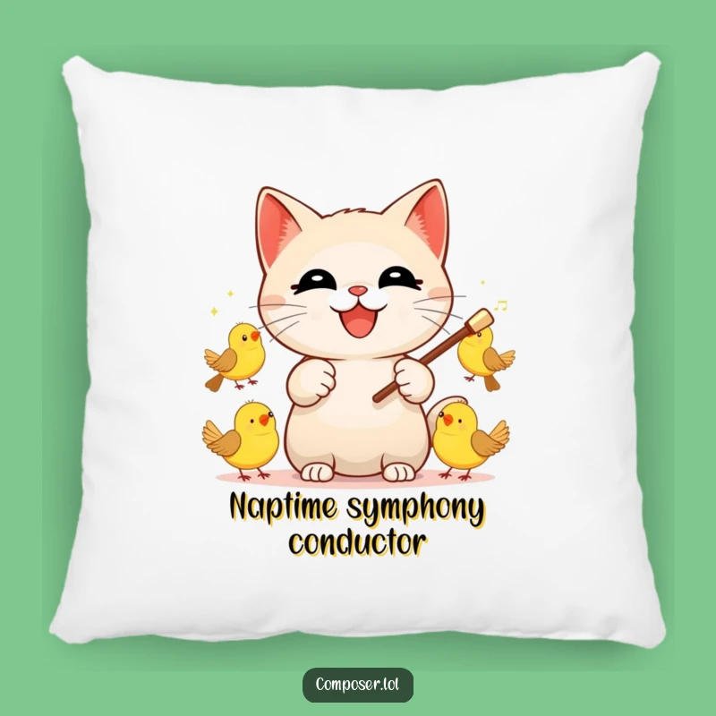 Funny Cat Conductor Pillow: Cuddle Up with a Maestro Cat Leading Bird Music