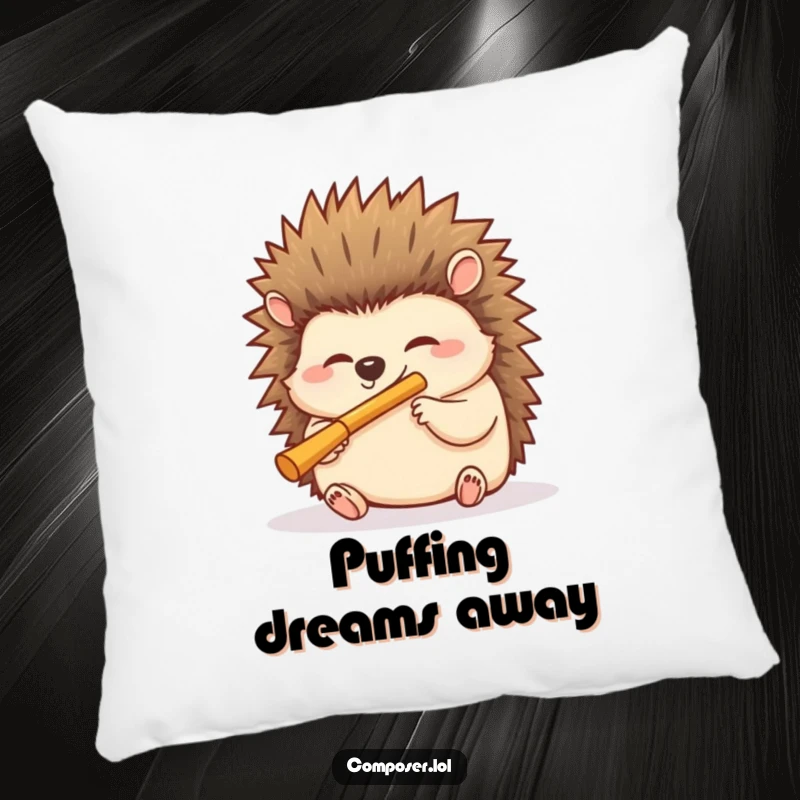 Funny hedgehog pillow featuring a giggling hedgehog blowing into a miniature flute, a soft and humorous decorative item.