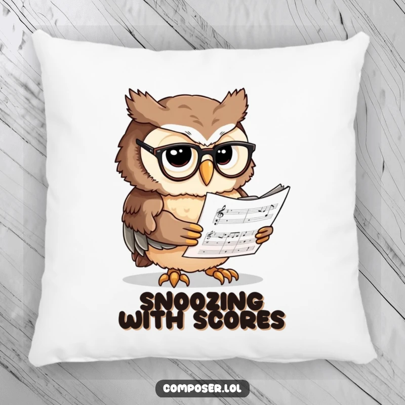 Funny Owl Scholar Pillow - A wise owl reading music, perfect for decor and adding a touch of intellectual comfort.