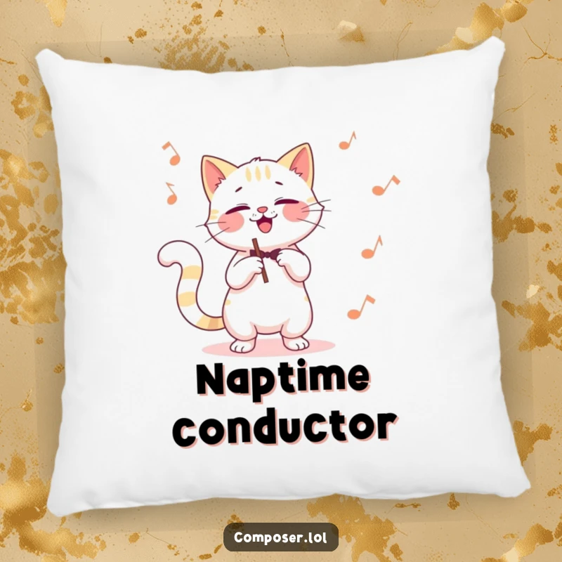 Funny cat composer pillow, a giggling cat conducting with its tail, offering soft comfort and humorous musical vibes.