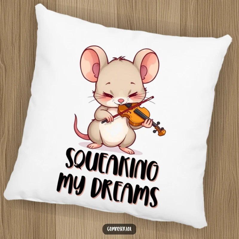 Funny Mouse Pillow: Tiny mouse character playing a tiny violin with intense concentration, a cozy musical accent.