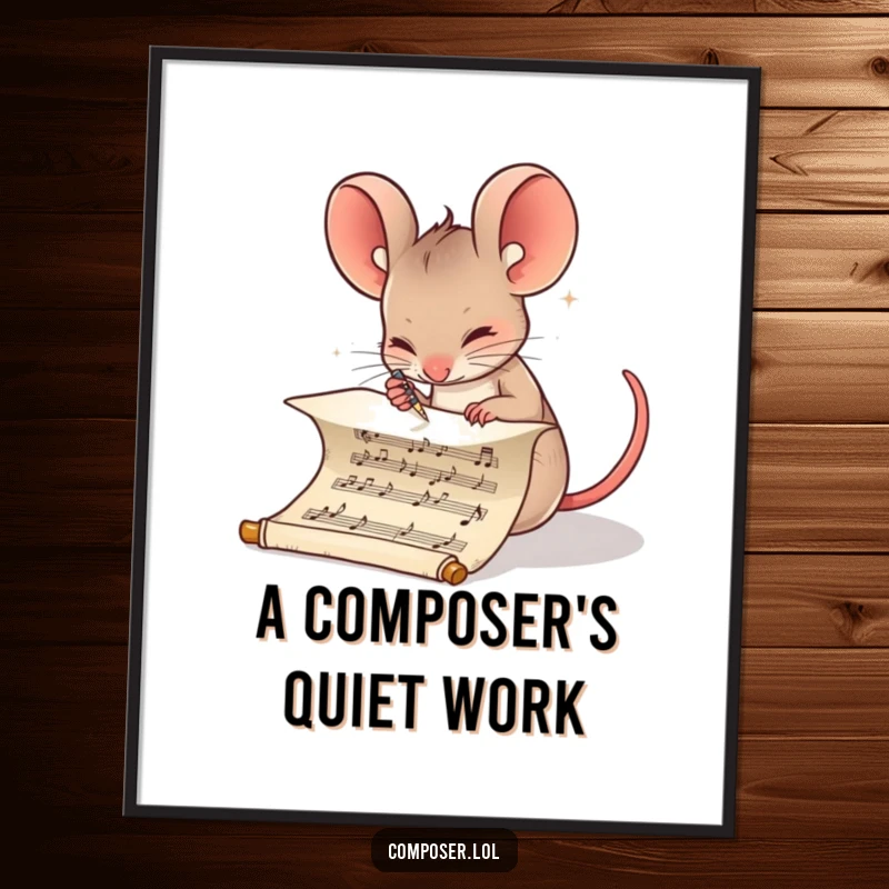 Funny Composer Mouse Digital Art: Determined mouse meticulously writing musical notes on a scroll, artistic and humorous print