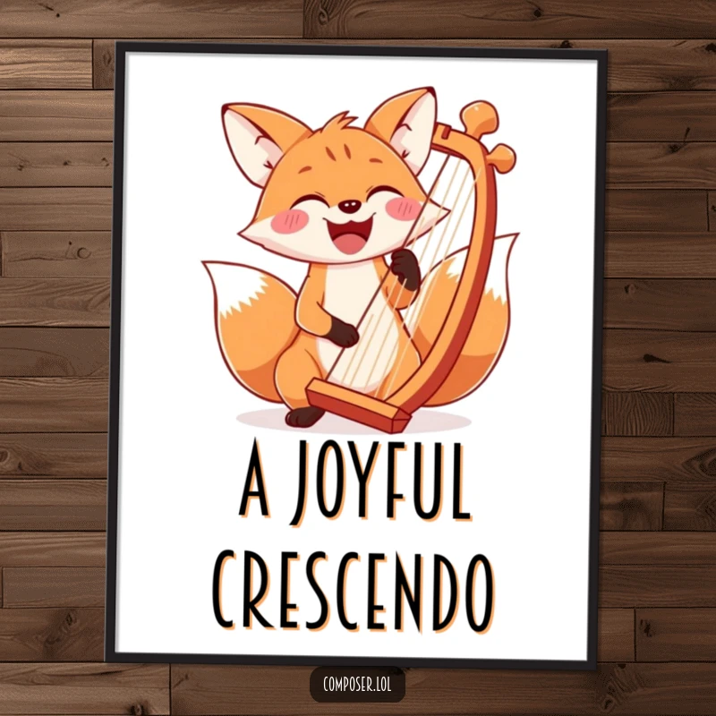 Funny, smiling fox playing a large harp, striking a dramatic chord, vibrant digital art print.