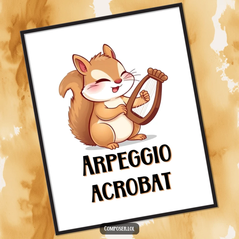 Funny digital art of a winking squirrel composer playing a tiny harp with lightning-fast paws, a whimsical musical piece.