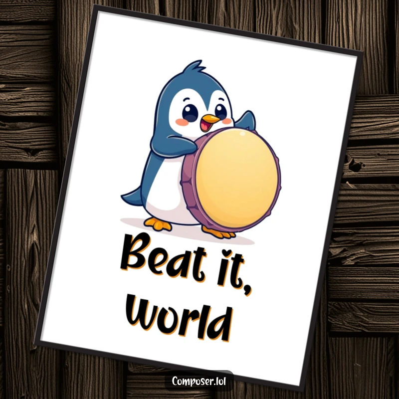 Funny Penguin Digital Art Print: Penguin enthusiastically pounds a giant drum with big eyes, a vibrant artwork.