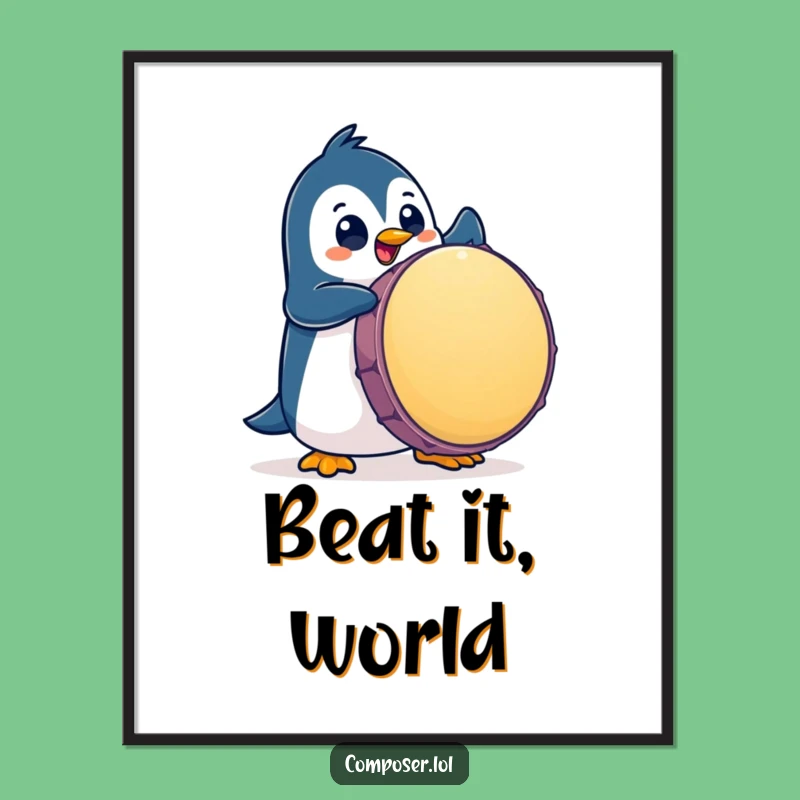 Funny Penguin Drummer Digital Print: Hilarious Percussion Wall Art, Instant Gift