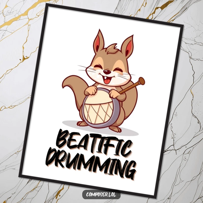 Funny squirrel drummer digital art, a mischievous squirrel enthusiastically playing a drum, perfect for instant humorous wall decor.