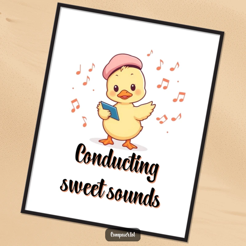 Funny digital art print of a duckling in a beret conducting a choir of musical notes, a perfect piece of art for music lovers.