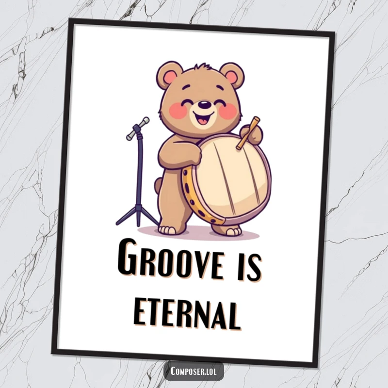 Funny bear joyfully tapping a large drum with drumsticks, as a digital art print. Great for music decor.