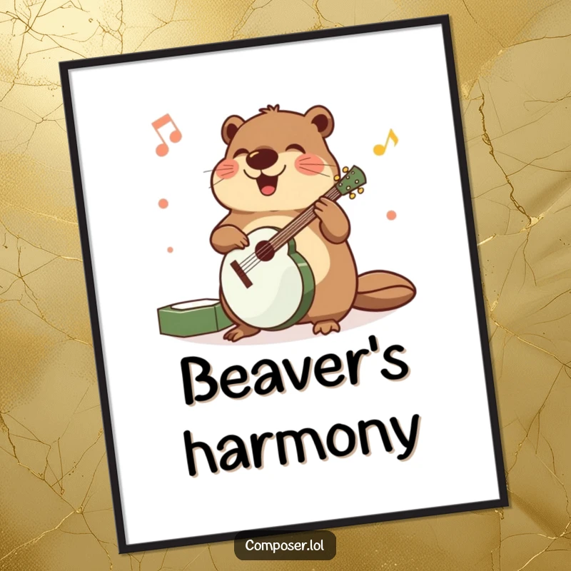 Funny digital art print of a beaming beaver precisely arranging musical instruments with happy, organized movements.