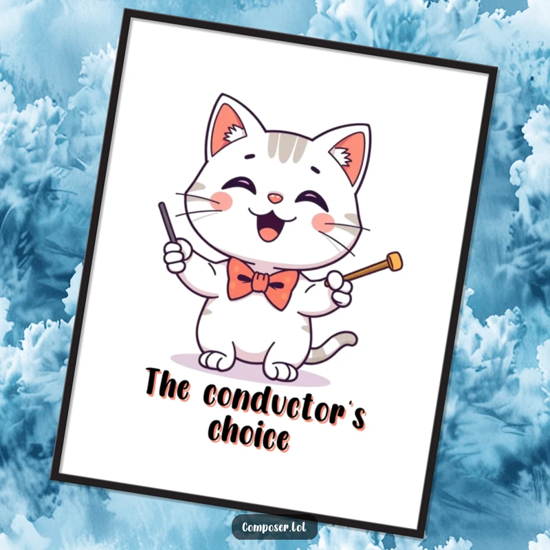 Funny digital art of a happy cat in a tiny bow tie conducting with a baton, perfect for stylish, humorous decor.