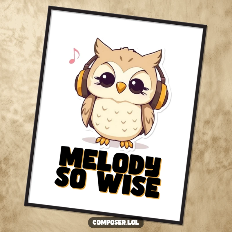 Funny digital art print of a curious owl wearing headphones and nodding to music, offering instant decor.