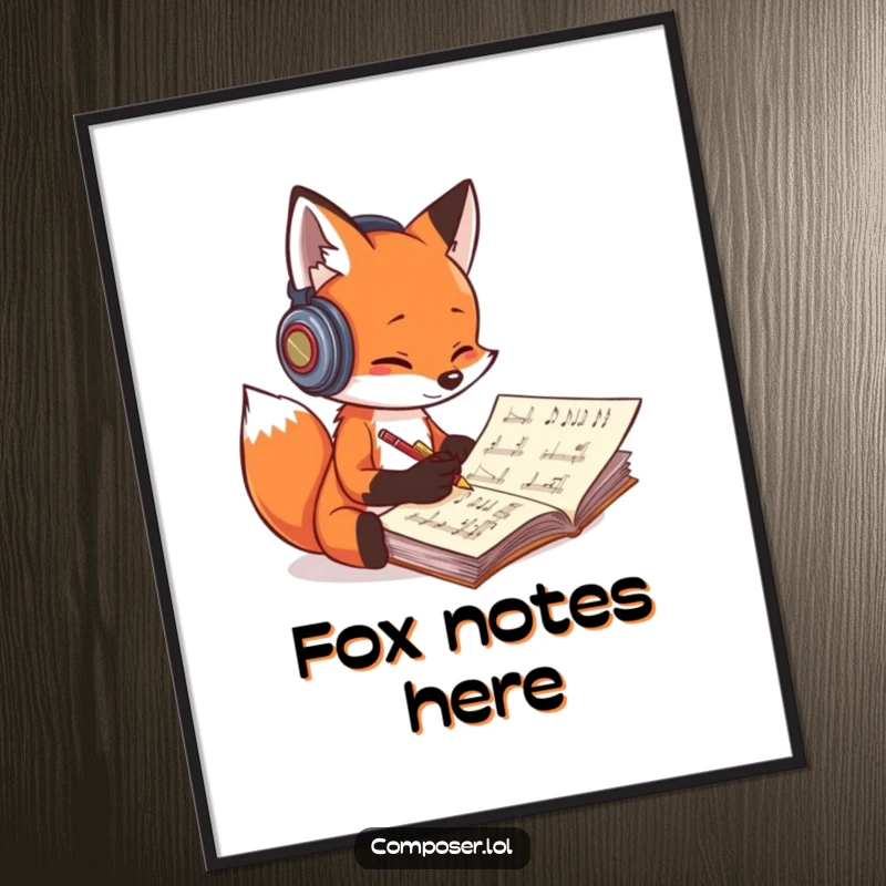 Funny fox composer digital art print, a fox with headphones energetically scribbling music, bringing instant creative joy.
