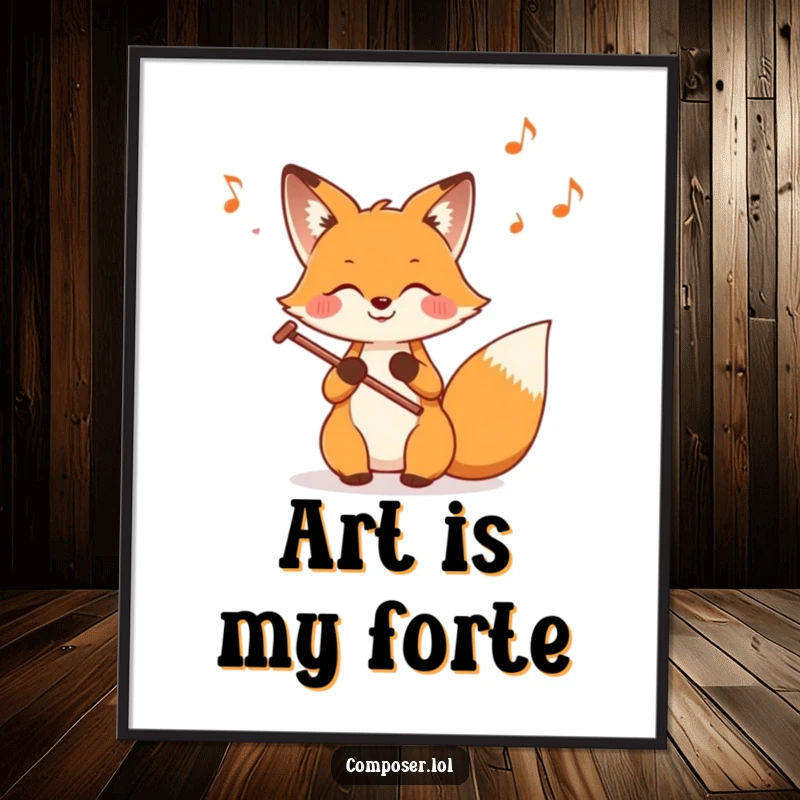Funny Fox Composer Digital Art Print, a cheerful fox diligently composing a musical score with vibrant notes flying.