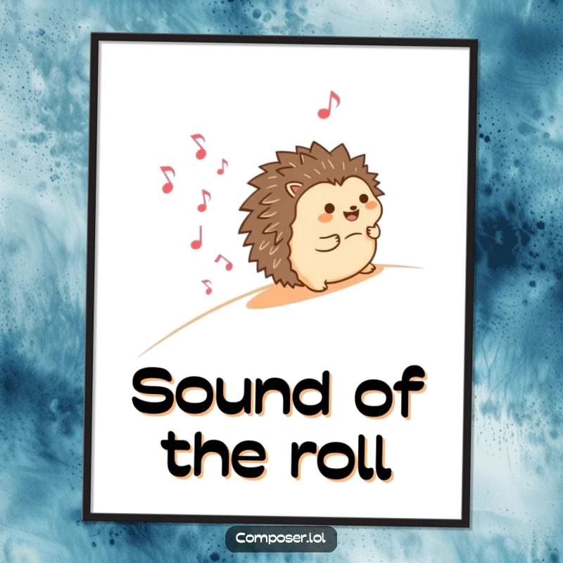 Funny digital art print of a happy hedgehog rolling downhill, leaving a trail of smiling musical notes, perfect for instant, cheerful wall decor.