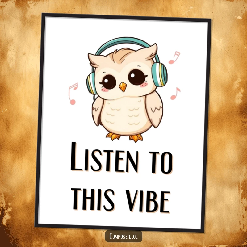 Funny Owl DJ Digital Art Print: a cute owl wears headphones and nods rhythmically, humorous wall art.