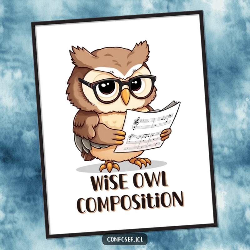 Funny Owl Scholar Digital Art - A printable artwork of a focused owl reading sheet music, ideal for academic and music fans.