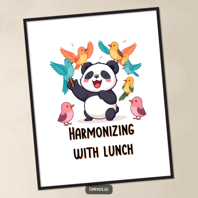 Funny Panda Digital Art Print: A joyful panda enthusiastically conducts a vibrant orchestra of colorful birds, creating a musical masterpiece.