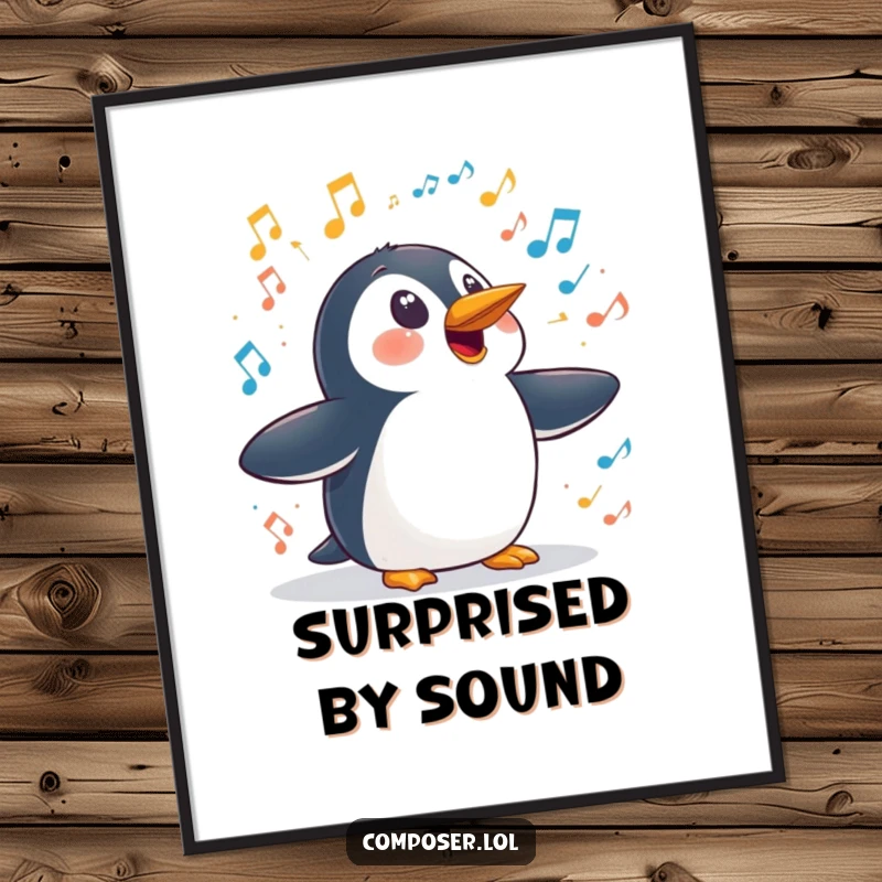 Funny penguin symphony digital art, a penguin looking comically surprised as a symphony of sounds erupts, ideal for instant humorous wall decor.