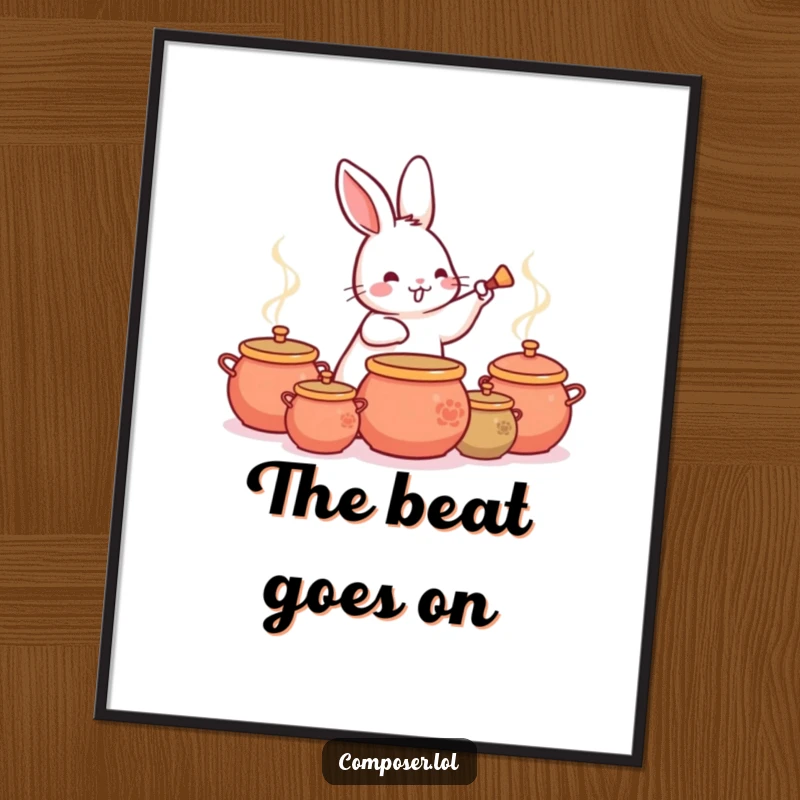 Funny Rabbit Drummer Digital Art Print, a cheerful rabbit energetically tapping a lively rhythm on a collection of pots.